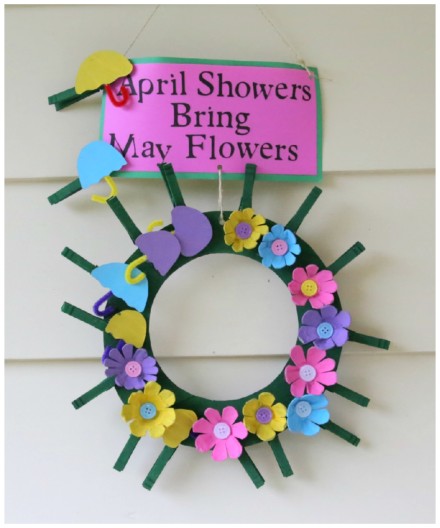 Recycled craft: April Showers bring May Flowers Clothespin Wreath
