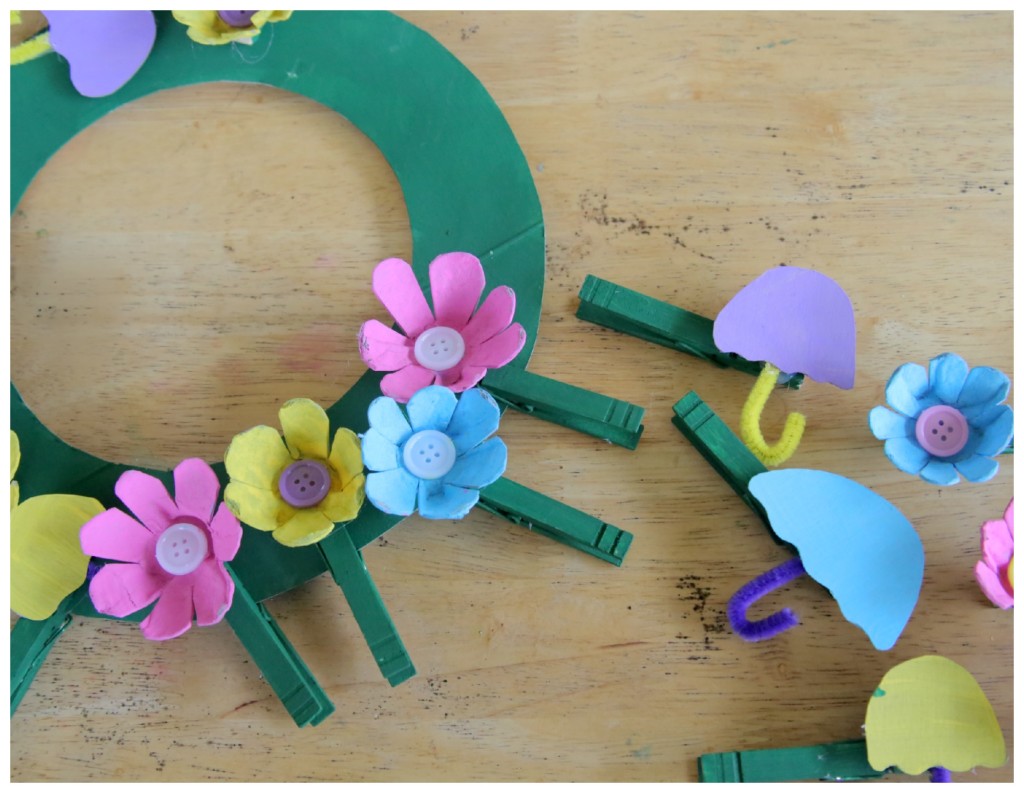 April Showers May Flowers clothespin wreath - recycled craft for kids 