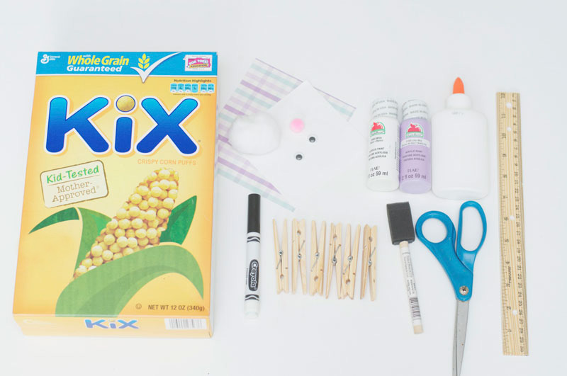 Materials for Kix cereal box bunny basket craft
