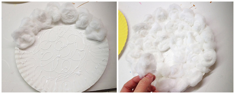 Cover the outside of a paper plate with cotton balls to make a lamb