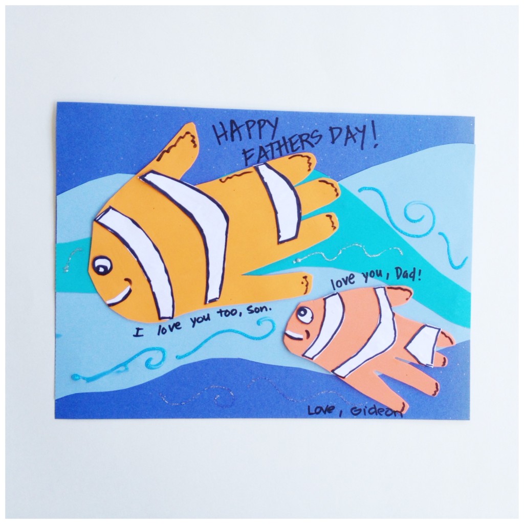 Father's Day collage: clownfish dad and kid handprints