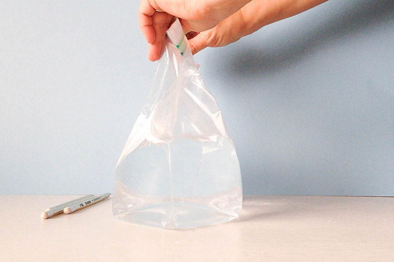 FIll a storage bag with water and seal.