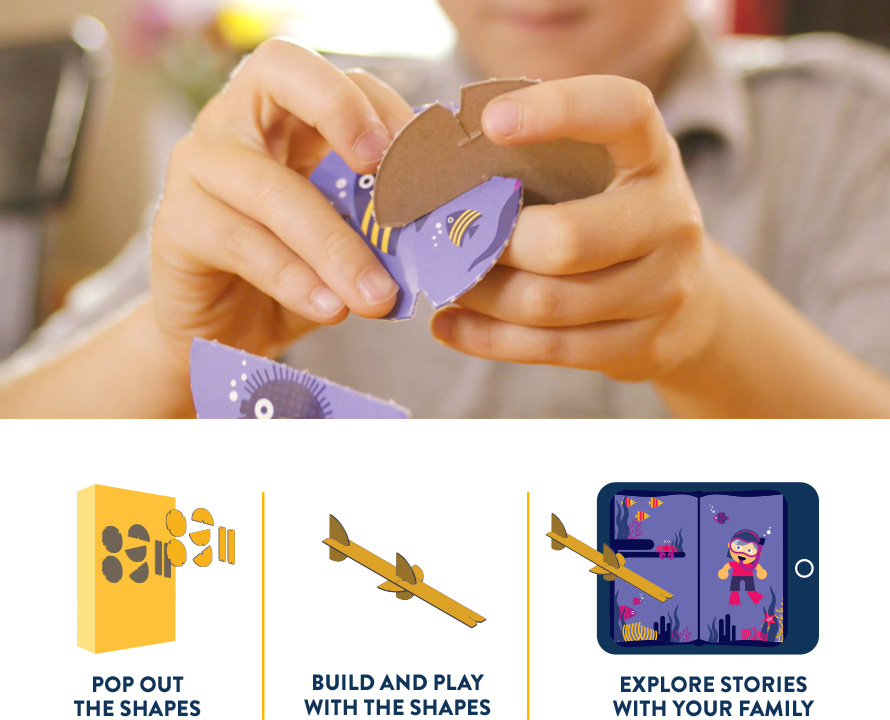 Child assembling pop out shapes from Kix Cereal box and includes instructions how to use Kix Cereal pop out shapes. Pop out shapes, Build and Play with the shapes, Explore stories with your family.